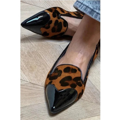 Women's animal print pointed-toe loafer flats with patent toe cap – Brown