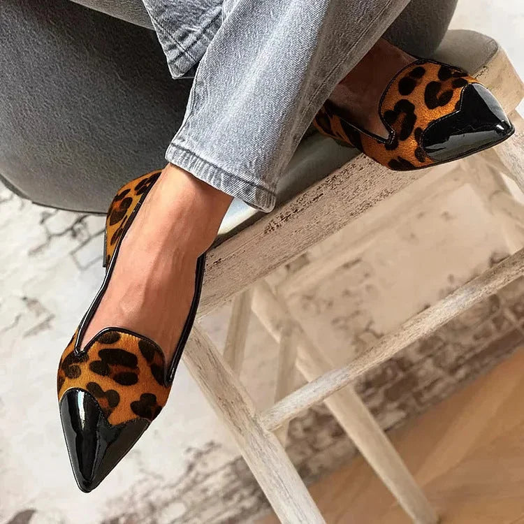 Women's animal print pointed-toe loafer flats with patent toe cap – Brown