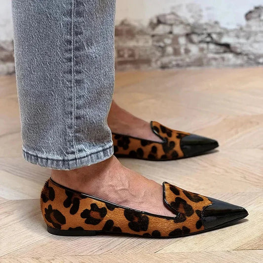 Women's animal print pointed-toe loafer flats with patent toe cap – Brown