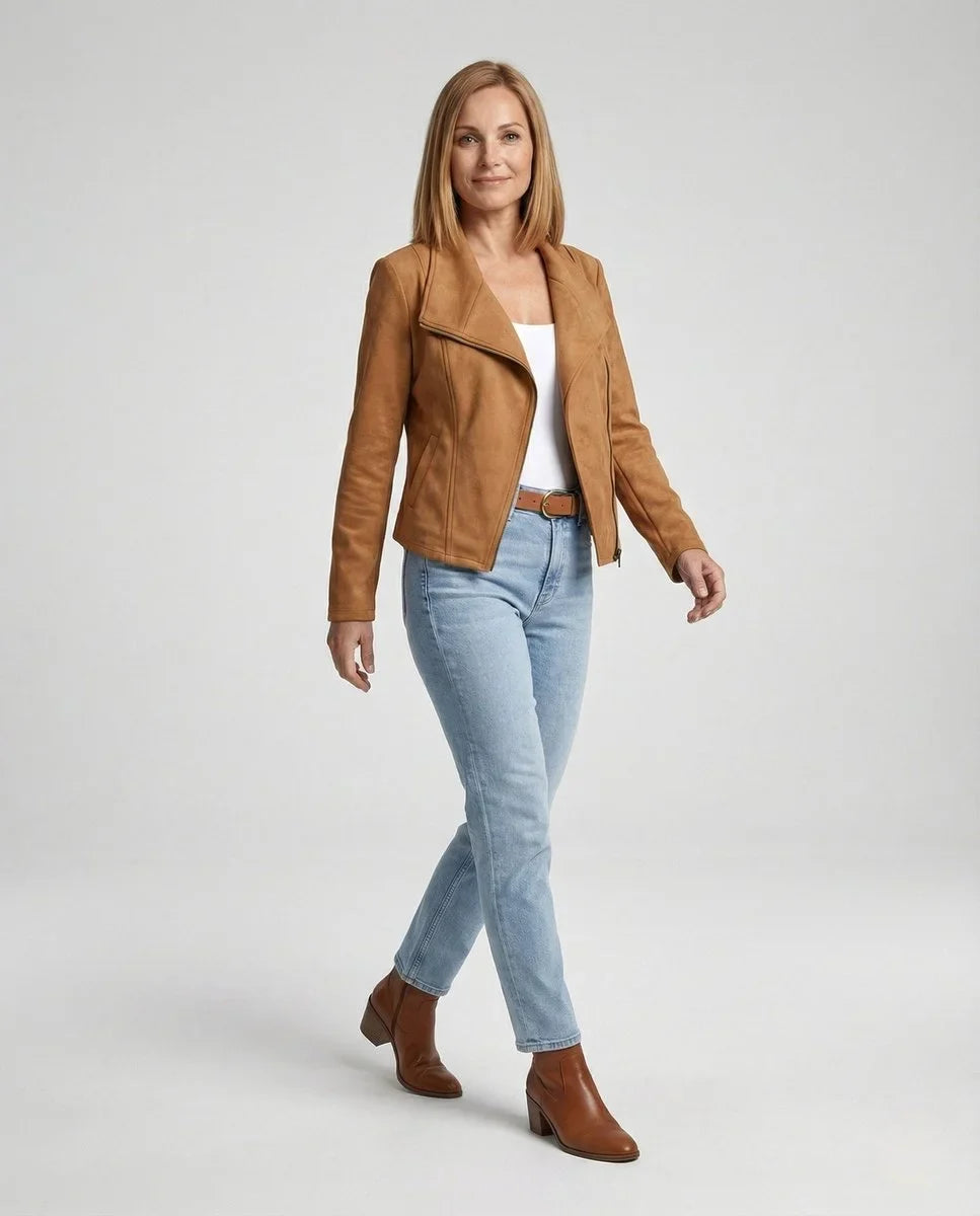 Women's asymmetric-zip tailored faux suede biker leather jacket