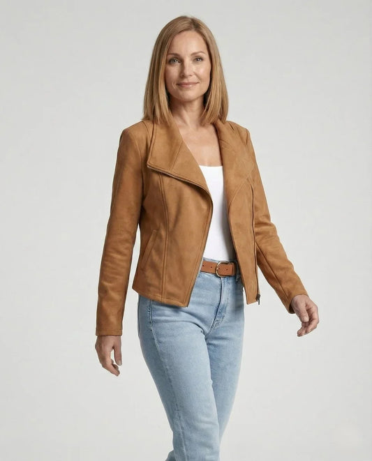 Women's asymmetric-zip tailored faux suede biker leather jacket