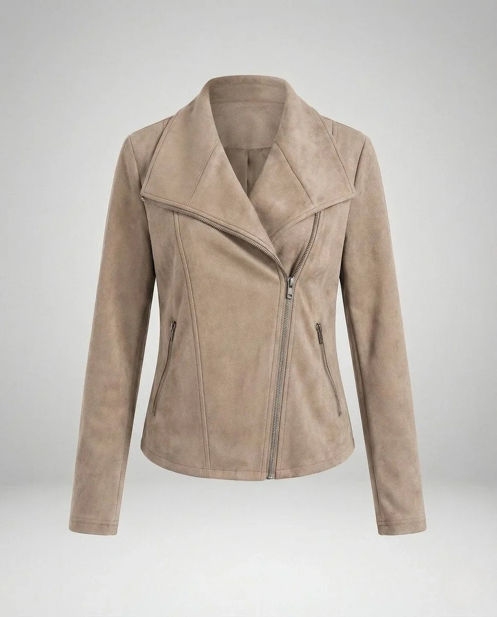 Women's asymmetric-zip tailored faux suede biker leather jacket – Apricot