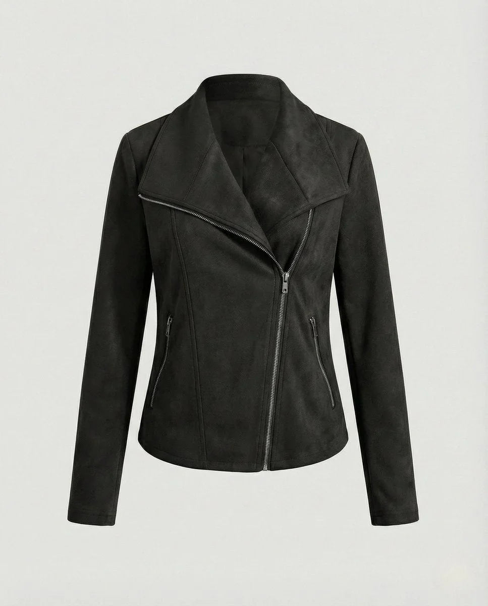 Women's asymmetric-zip tailored faux suede biker leather jacket – Black