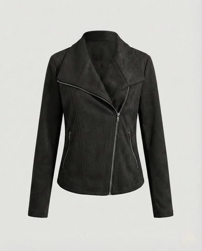Women's asymmetric-zip tailored faux suede biker leather jacket – Black