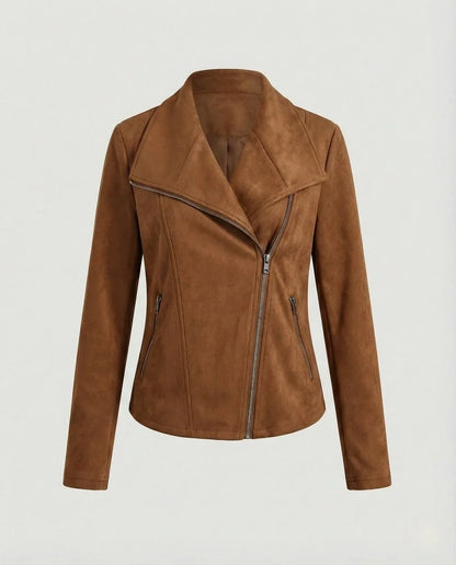 Women's asymmetric-zip tailored faux suede biker leather jacket – Camel