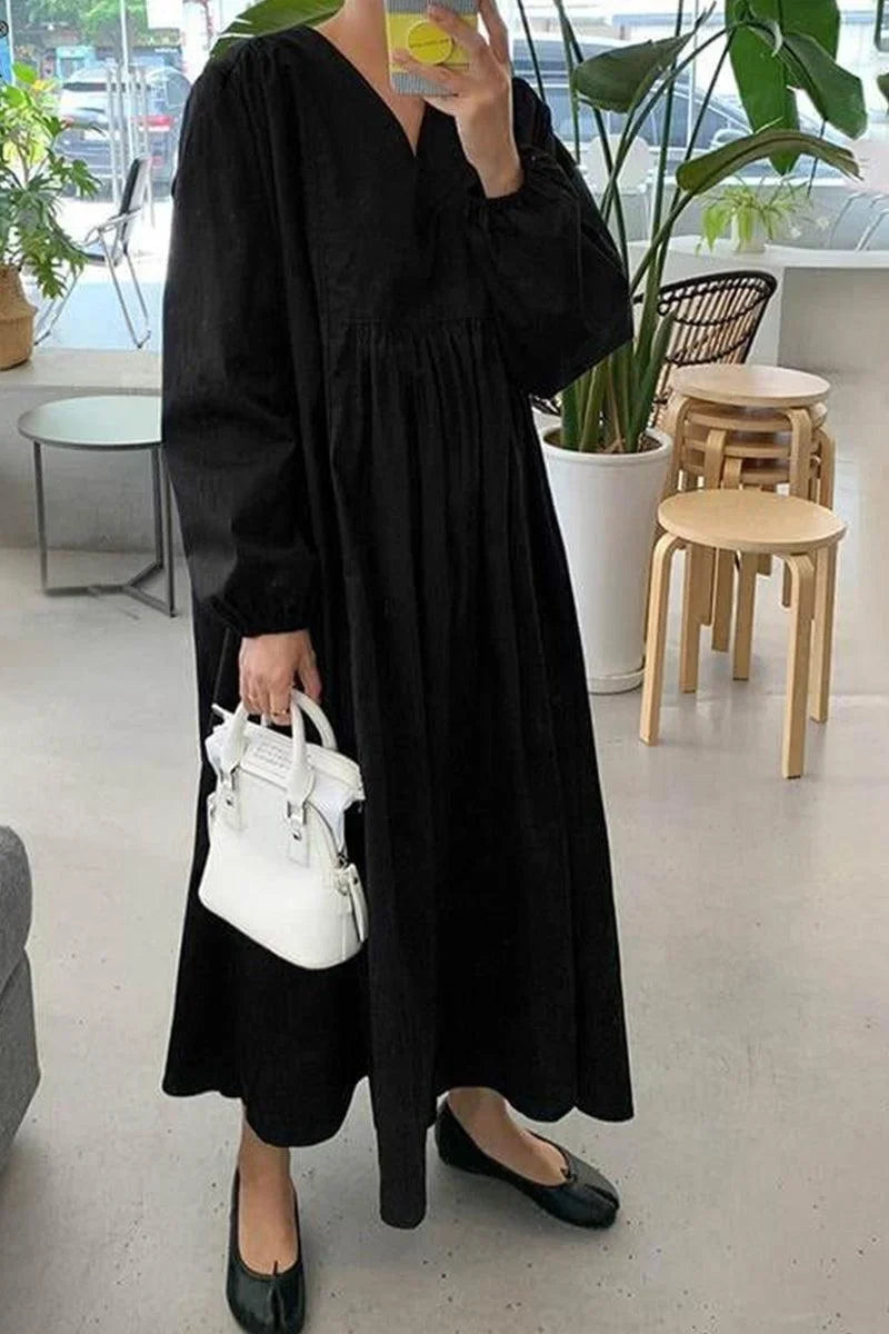 Women's autumn smocked-waist midi dress with V-neck balloon sleeves