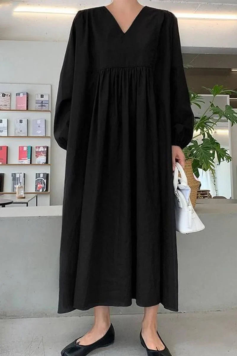 Women's autumn smocked-waist midi dress with V-neck balloon sleeves