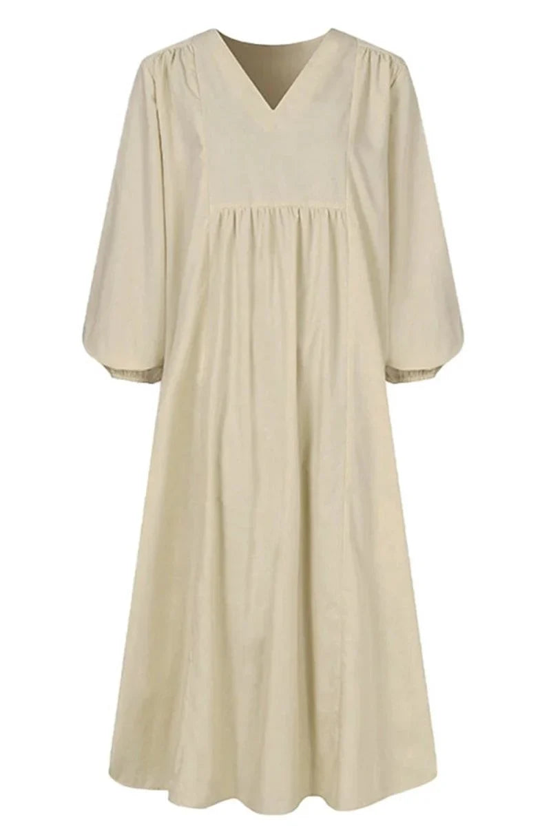Women's autumn smocked-waist midi dress with V-neck balloon sleeves