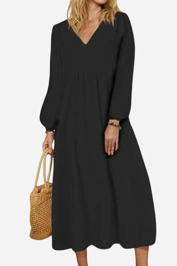 Women's autumn smocked-waist midi dress with V-neck balloon sleeves – Black