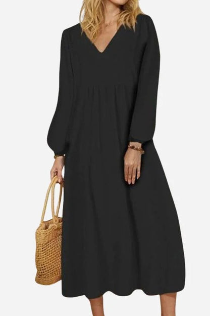 Women's autumn smocked-waist midi dress with V-neck balloon sleeves – Black