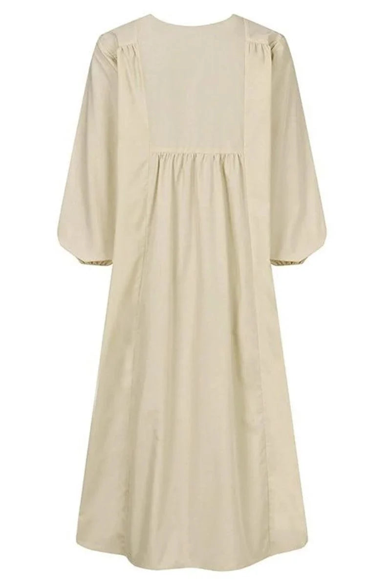 Women's autumn smocked-waist midi dress with V-neck balloon sleeves