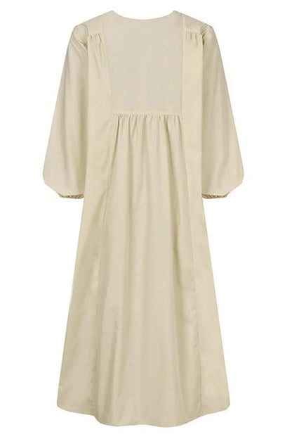 Women's autumn smocked-waist midi dress with V-neck balloon sleeves