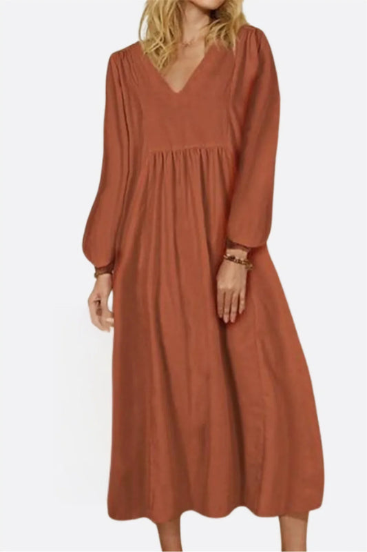 Women's autumn smocked-waist midi dress with V-neck balloon sleeves – Red Brick
