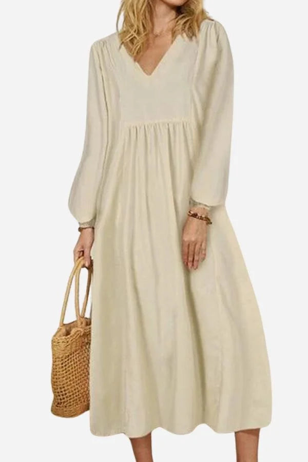 Women's autumn smocked-waist midi dress with V-neck balloon sleeves – White