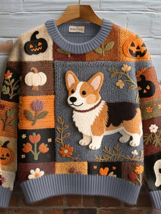 Women's autumnal patchwork knit sweater with embroidered corgi and pumpkin design – As picture