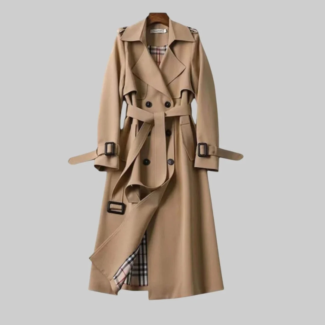 Women's double-breasted trench coat with belted waist and plaid lining – Beige
