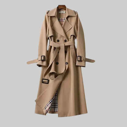 Women's double-breasted trench coat with belted waist and plaid lining – Beige