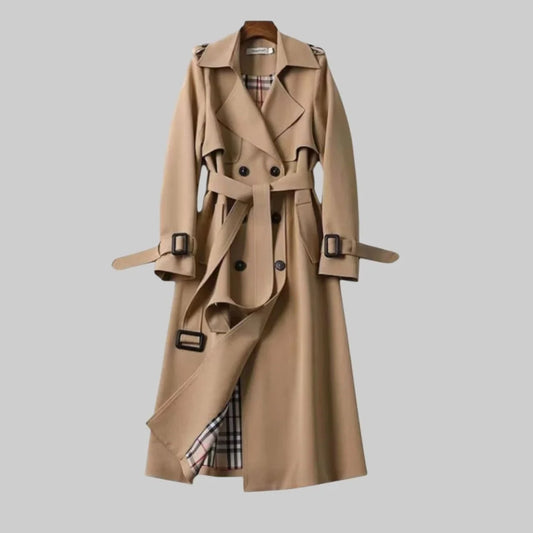 Women's double-breasted trench coat with belted waist and plaid lining – Beige