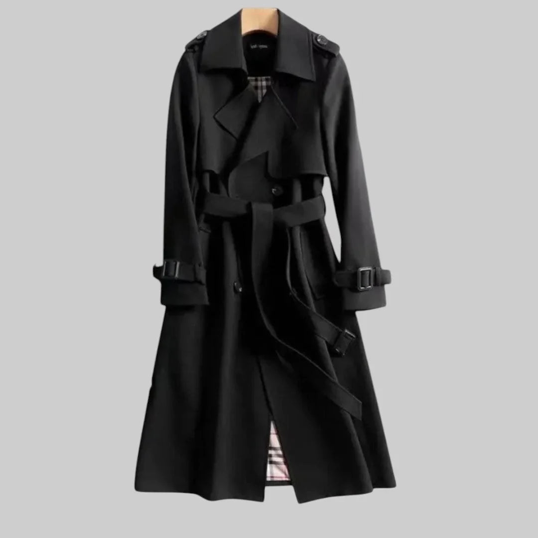 Women's double-breasted trench coat with belted waist and plaid lining – Black