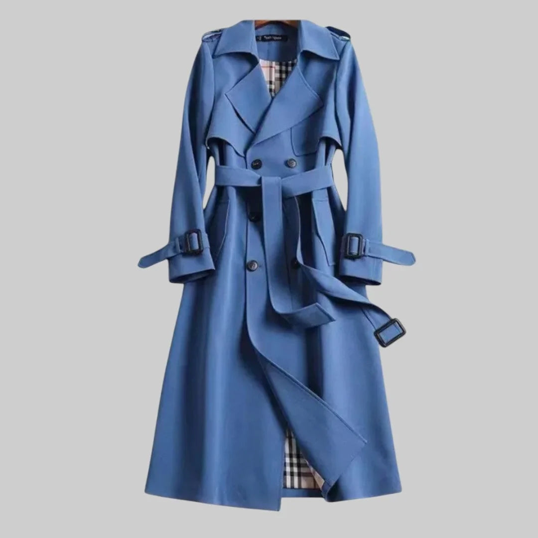 Women's double-breasted trench coat with belted waist and plaid lining – Blue
