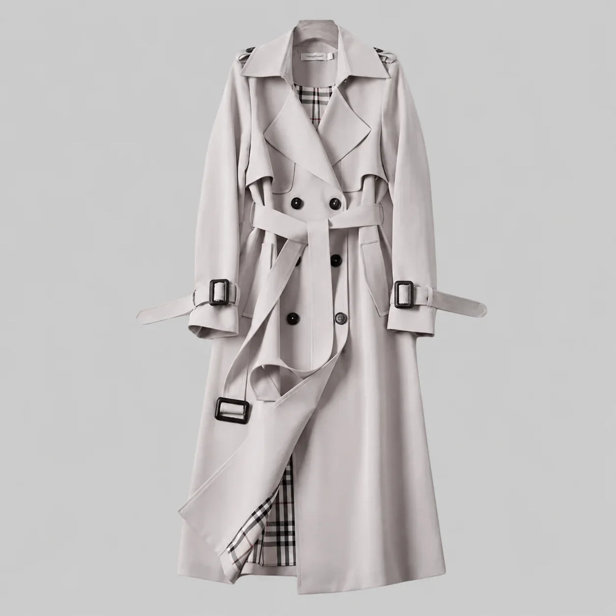 Women's double-breasted trench coat with belted waist and plaid lining – Grey