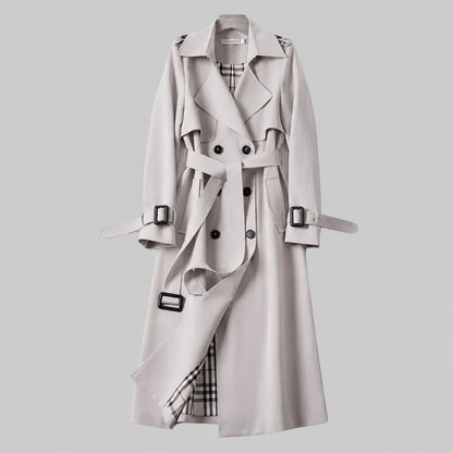 Women's double-breasted trench coat with belted waist and plaid lining – Grey