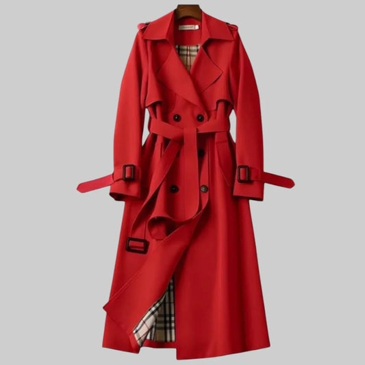 Women's double-breasted trench coat with belted waist and plaid lining – Red
