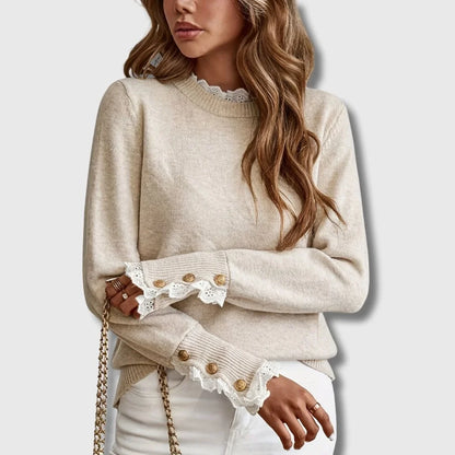 Women's long-sleeve knit sweater with ruffled lace collar and cuffs – Apricot