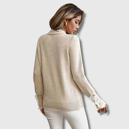 Women's long-sleeve knit sweater with ruffled lace collar and cuffs – Apricot