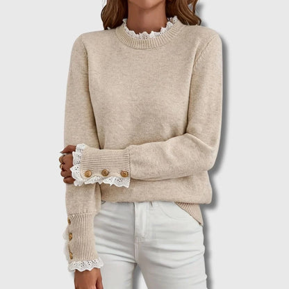 Women's long-sleeve knit sweater with ruffled lace collar and cuffs – Apricot