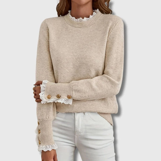 Women's long-sleeve knit sweater with ruffled lace collar and cuffs – Apricot