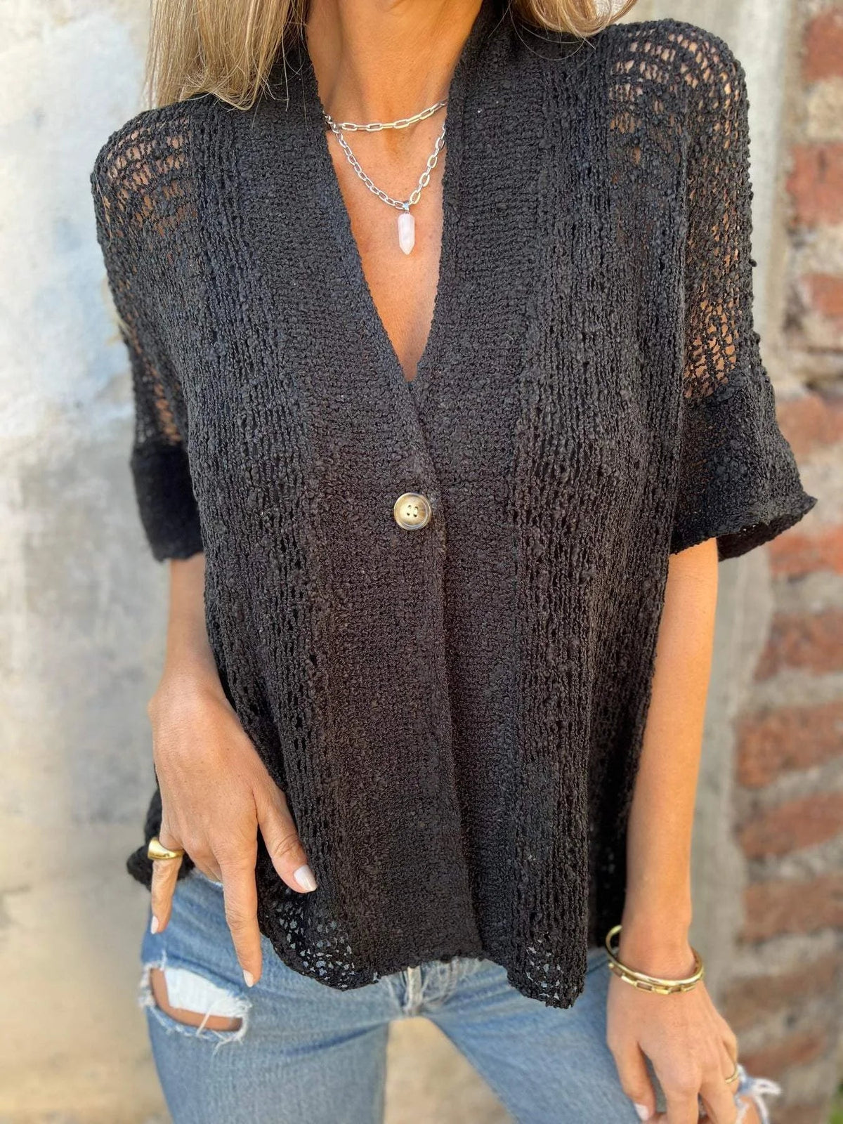 Women's open-knit cardigan with V-neck elbow-sleeve single button closure
