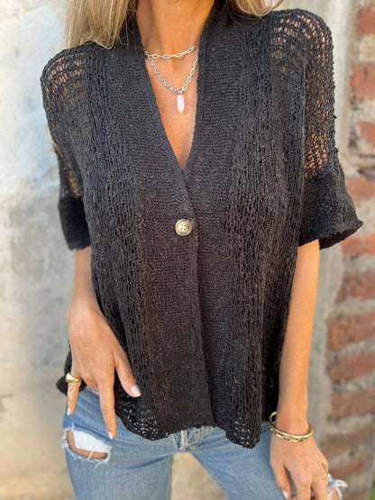 Women's open-knit cardigan with V-neck elbow-sleeve single button closure