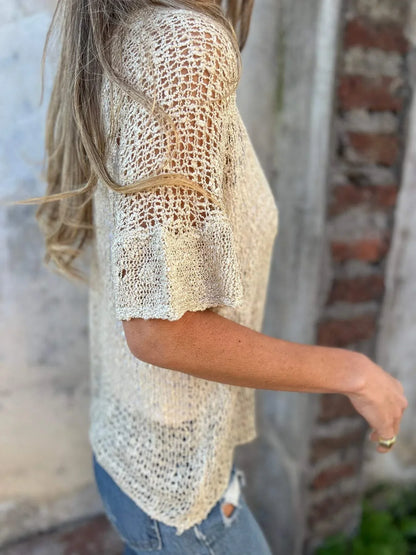 Women's open-knit cardigan with V-neck elbow-sleeve single button closure