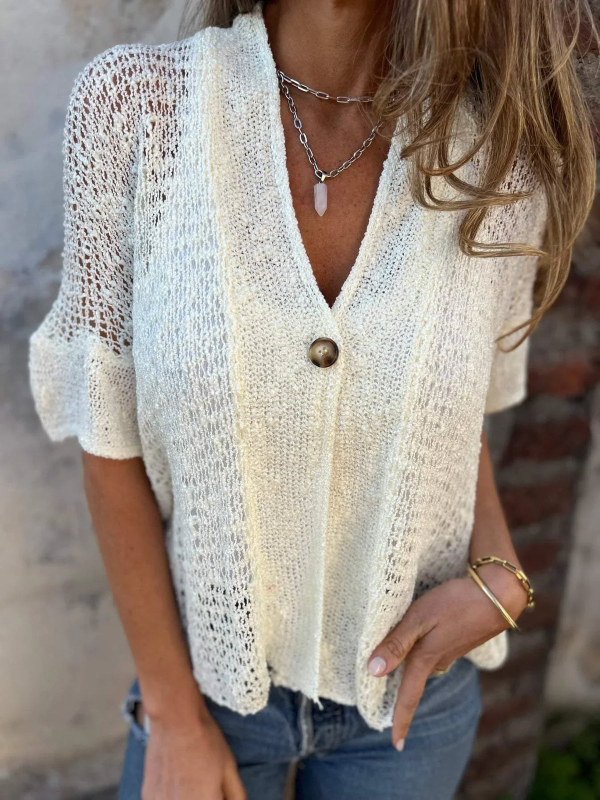 Women's open-knit cardigan with V-neck elbow-sleeve single button closure