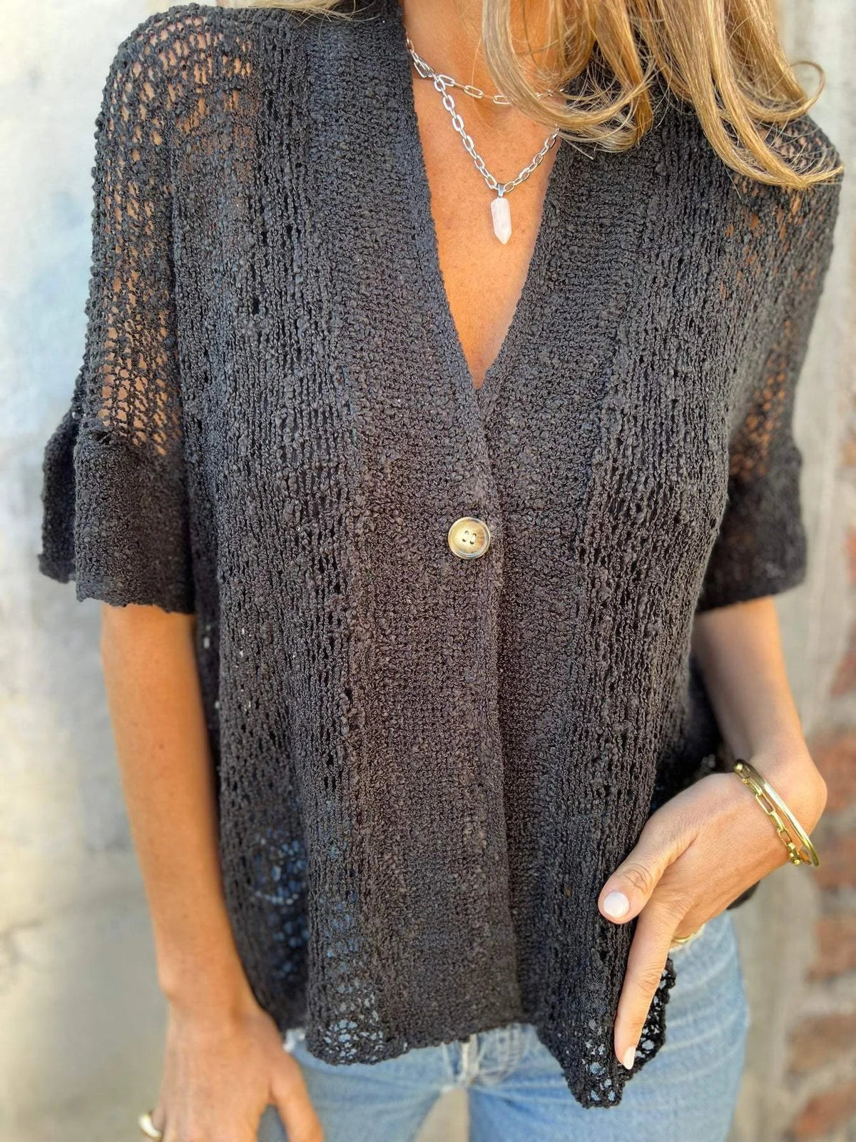 Women's open-knit cardigan with V-neck elbow-sleeve single button closure – Black (Almost sold out)