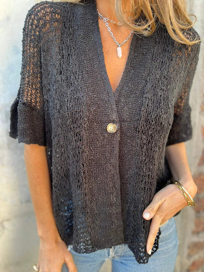 Women's open-knit cardigan with V-neck elbow-sleeve single button closure – Black (Almost sold out)