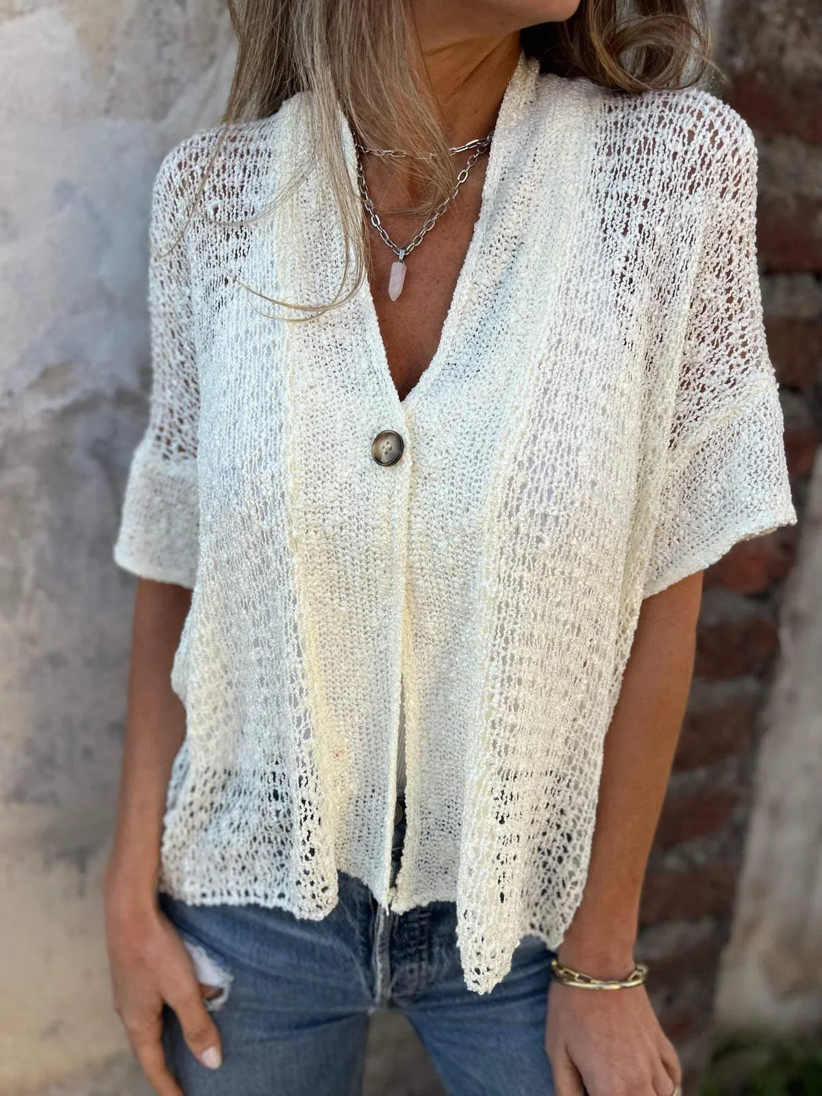Women's open-knit cardigan with V-neck elbow-sleeve single button closure – White (Almost sold out)
