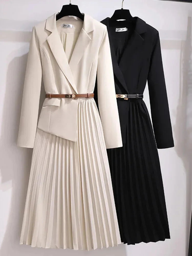 Women's belted pleated blazer-style midi dress with notched lapel