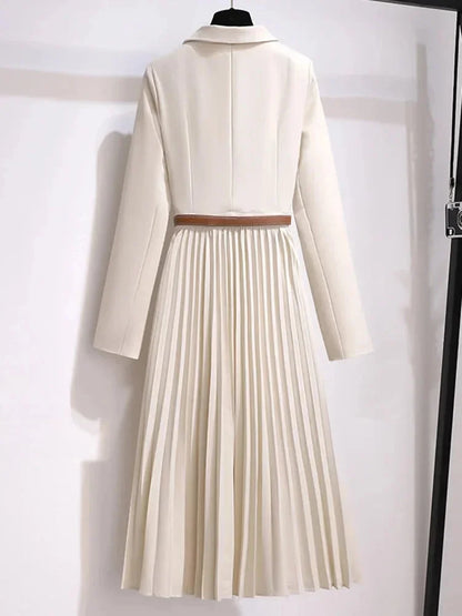 Women's belted pleated blazer-style midi dress with notched lapel