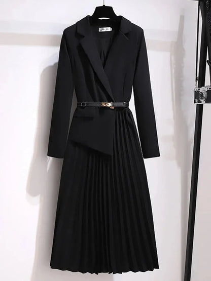 Women's belted pleated blazer-style midi dress with notched lapel – Black