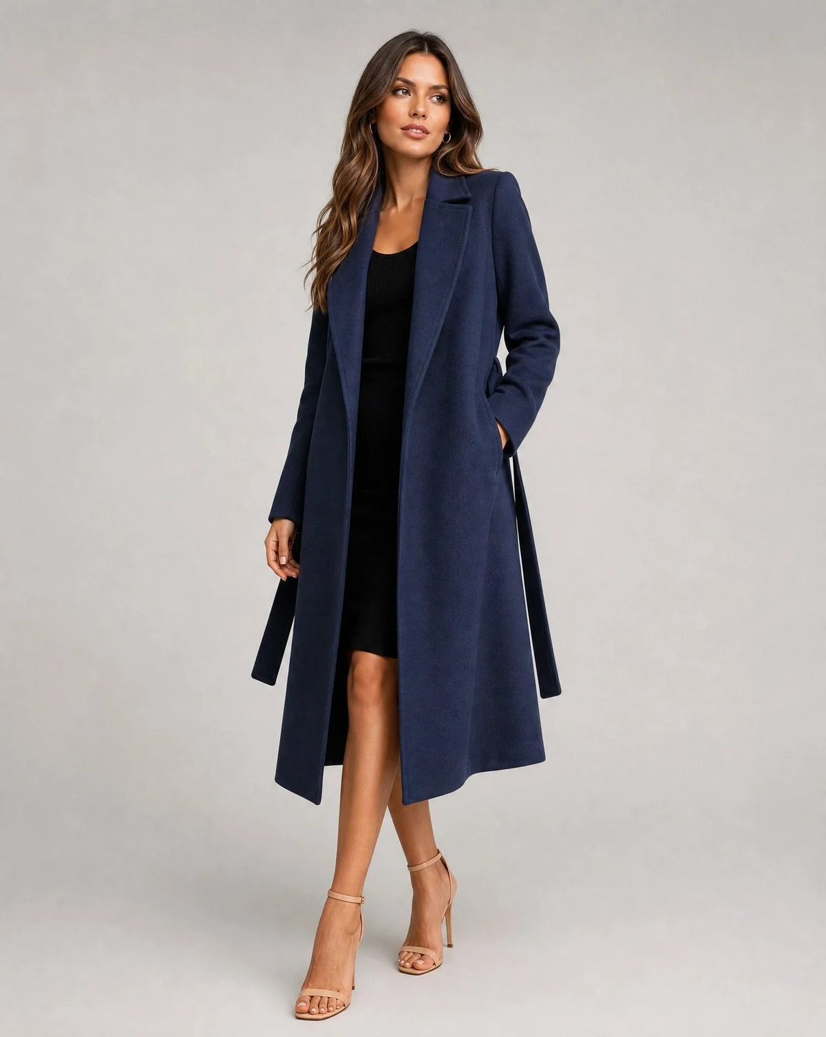 Women's belted wool-blend long lapel trench coat – Navy