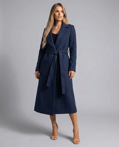 Women's belted wool-blend long lapel trench coat – Navy