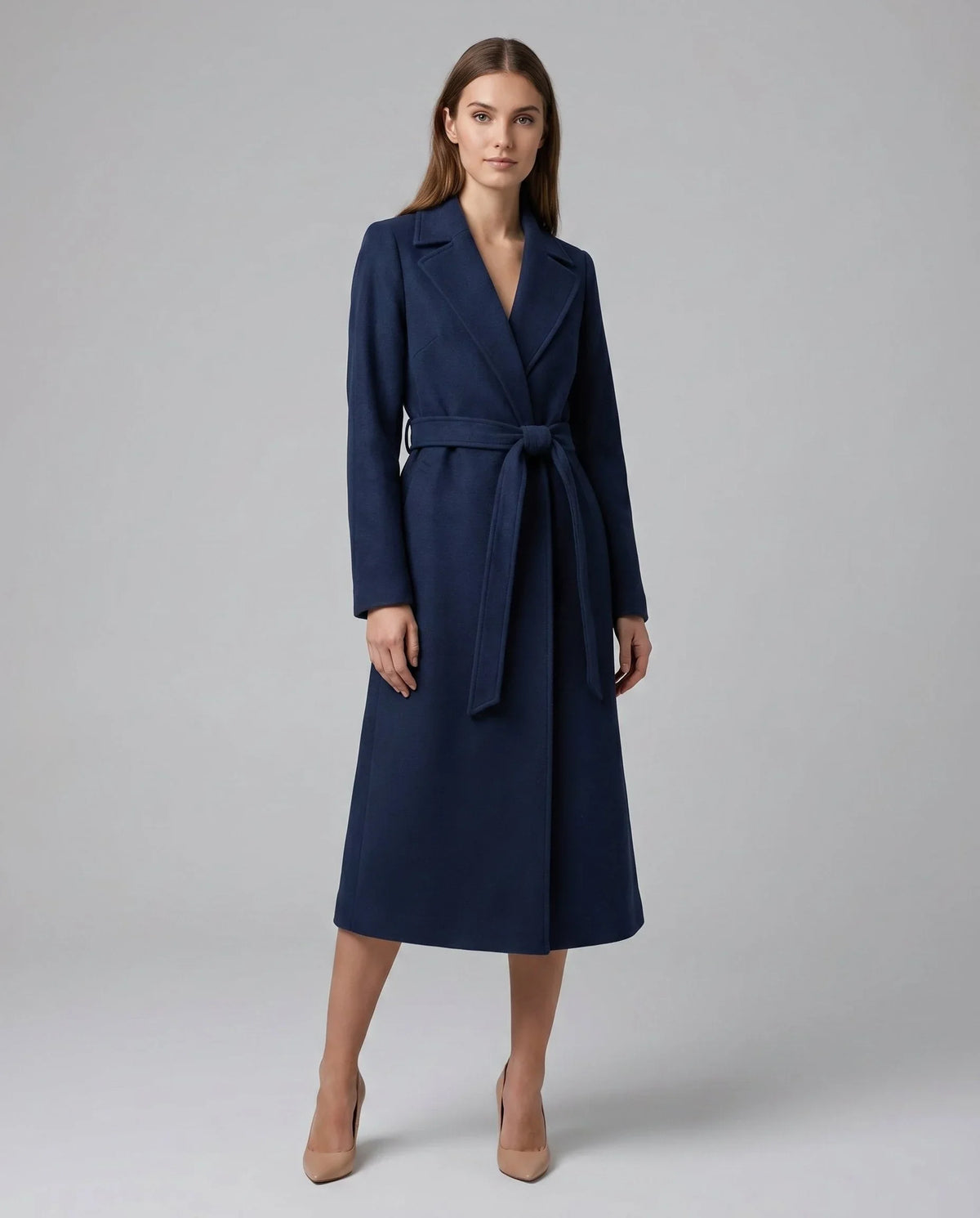 Women's belted wool-blend long lapel trench coat – Navy