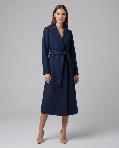 Women's belted wool-blend long lapel trench coat – Navy
