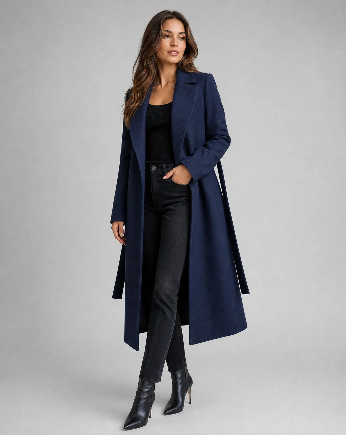 Women's belted wool-blend long lapel trench coat – Navy