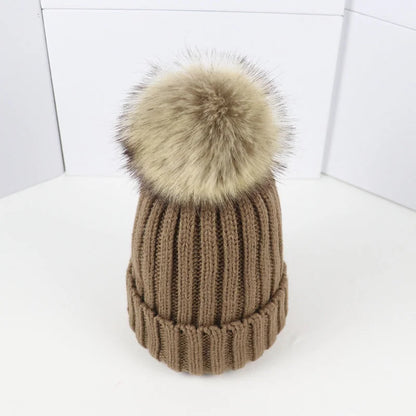 Women's cozy knit sweater-style beanie with faux fur pom – Khaki