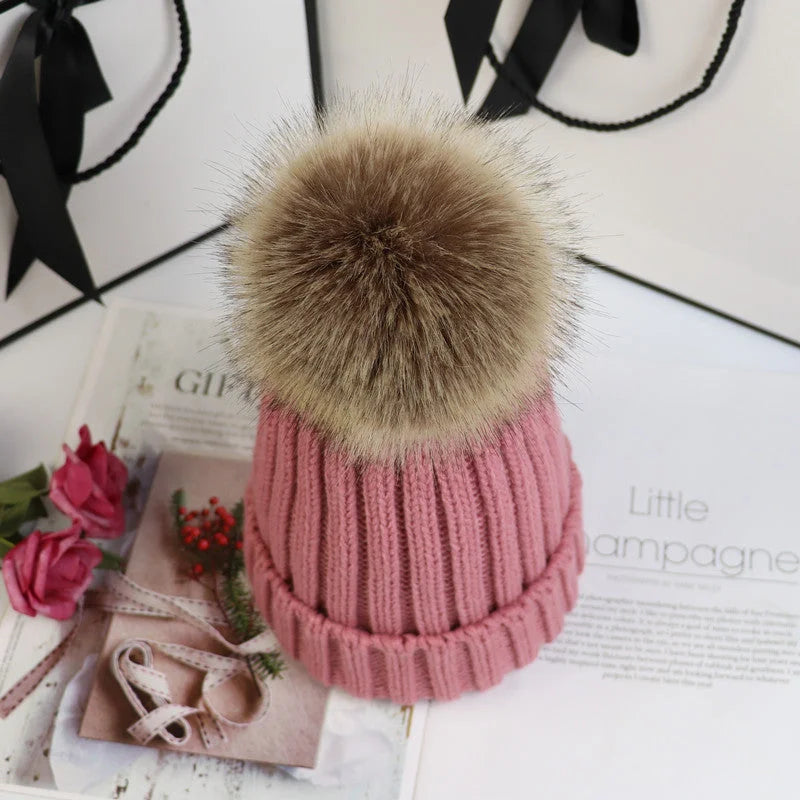 Women's cozy knit sweater-style beanie with faux fur pom – Leather Pink