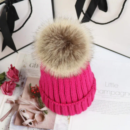 Women's cozy knit sweater-style beanie with faux fur pom – Rose Red