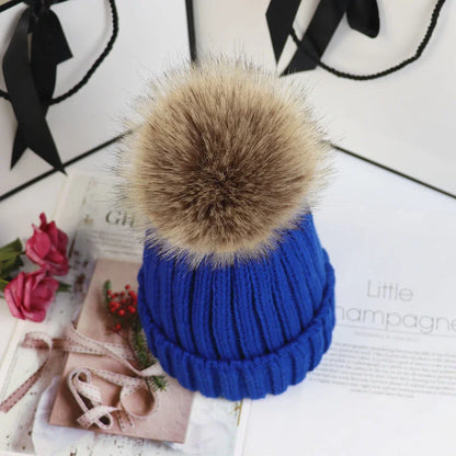 Women's cozy knit sweater-style beanie with faux fur pom – Royal Blue